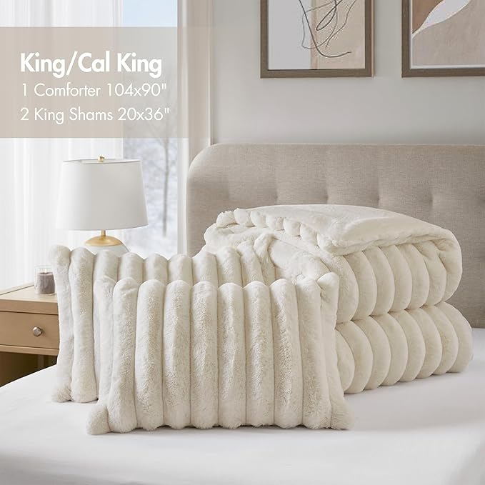 Madison Park Jasmine King Comforter Set, Luxurious Reversible Faux Fur Plush Ribbed Velvet Bedding, Fuzzy Thick Warm Winter Comforter, Super Soft Fluffy 3-Piece Set Ivory