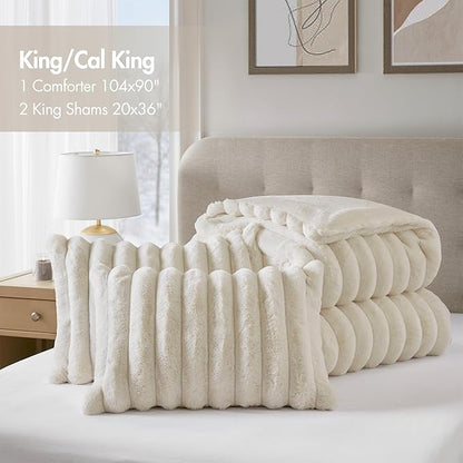 Madison Park Jasmine King Comforter Set, Luxurious Reversible Faux Fur Plush Ribbed Velvet Bedding, Fuzzy Thick Warm Winter Comforter, Super Soft Fluffy 3-Piece Set Ivory