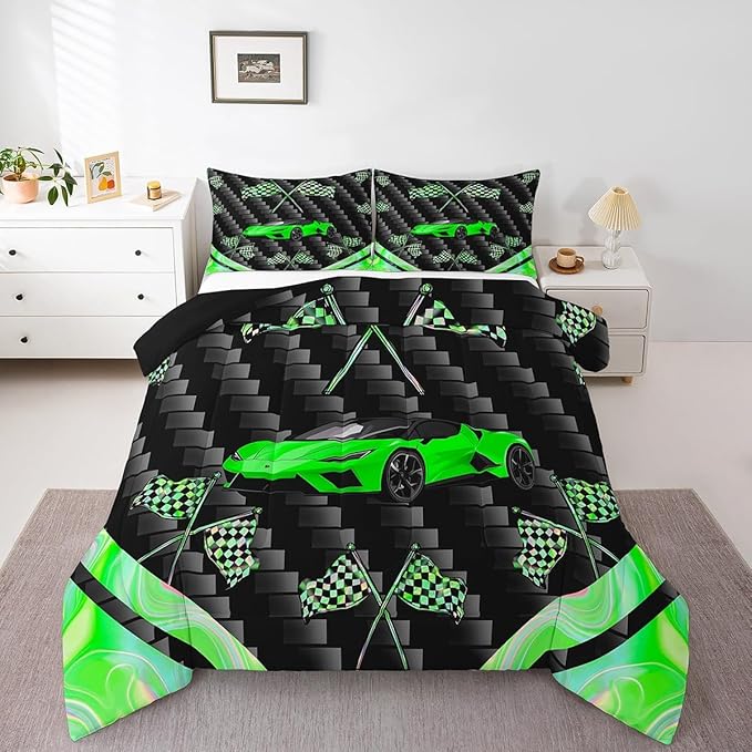 jejeloiu Green Race Car Bedding Set Twin Size Extreme Sports Comforter Set for Kids Teens Adult Fast and Furious Duvet Set Dazzling Flag Quilt Set 2Pcs