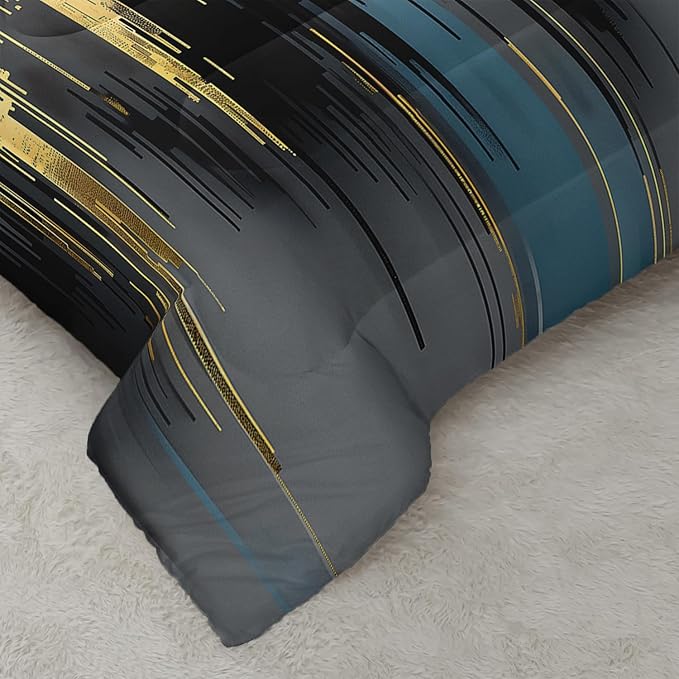 Black White Gold Gradient Color Print Comforter Set Full Size,Abstract Art Bedding Set,Patchwork Printed Quilted Set for Teens Adult,with 1 Comforter and 2 Pillow Case
