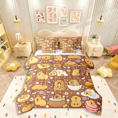 Erosebridal Capybara 7 Pieces Bedding Set Full Size,Cute Capybaras Bed in a Bag,Funny Rodent Animals Bed Set Includes Comforter,Sheet Set,Pillowcases & Pillow Covers,Stars Love Hearts Bedroom Decor