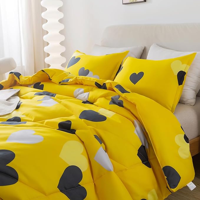 Caressma Farmhouse Yellow Queen Size Comforter Set 3 Pieces Bedding Set with Black Heart All Season Fluffy Soft Lightweight(1 Comforter & 2 Pillowshams)