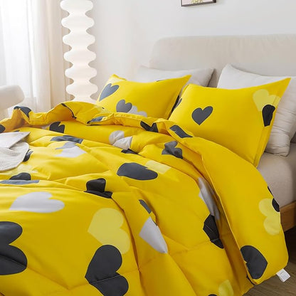 Caressma 3 Pieces Full Size Comforter Set for Boys Farmhouse Yellow Bedding Set with Black Heart All Season Fluffy Soft Lightweight(1 Comforter & 2 Pillowshams)