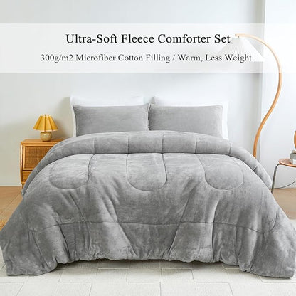 Faux Fur Comforter Set, Ultra Soft Warm Plush Velvet Comforter, Fluffy Fuzzy Fleece Bedding Comforter Sets for Fall Winter, No Shedding, 3PC, Queen Size, Light Grey