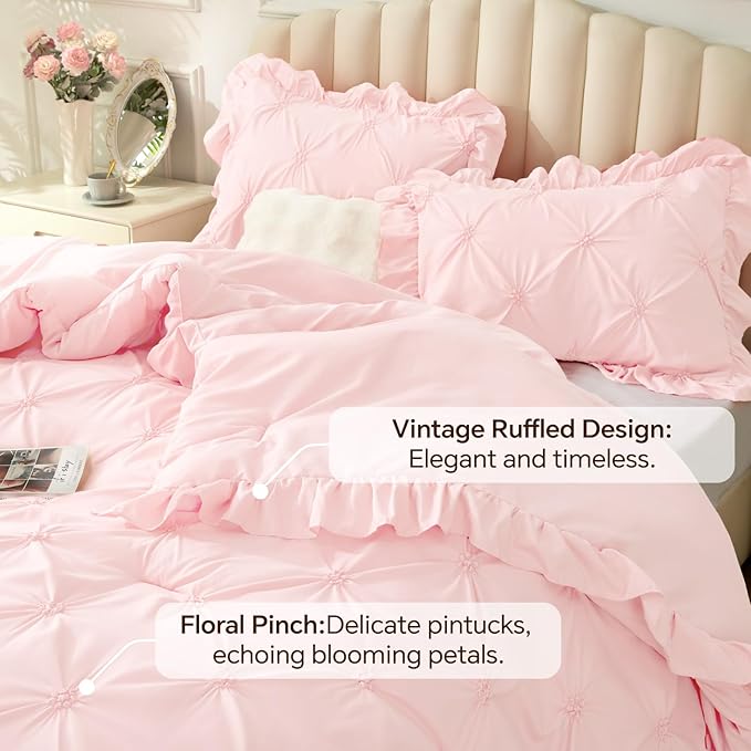 BEDELITE Baby Pink Twin Comforter Set - 2 Peices Boho Ruffle Pintuck Bedding Comforter Sets, Lightweight Soft & Warm Twin Bedding Sets with 1 Pillowcase for All Season