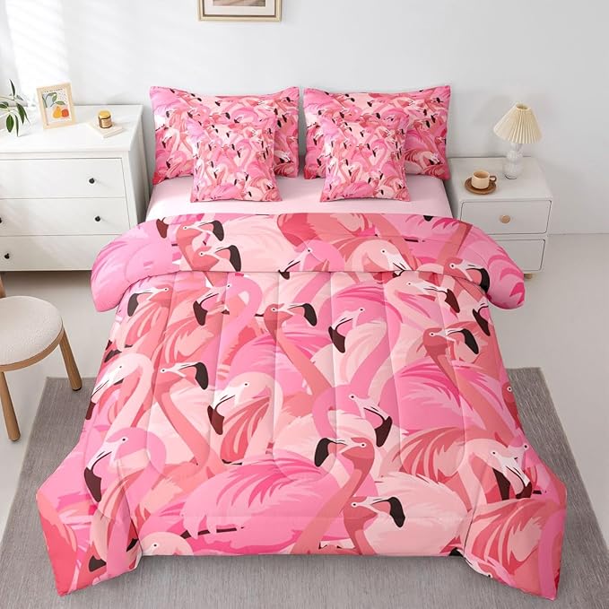 Erosebridal Flamingo Animal Girls Women Comforter Set Queen Size 7 Pieces | Kawaii Cute Bed in A Bag Romantic Bed Set Black Pink Bedding