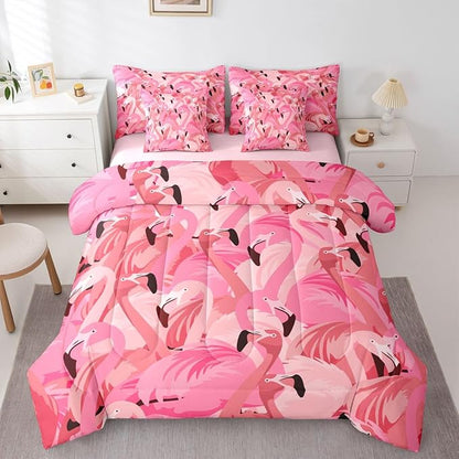 Erosebridal Flamingo Animal Girls Women King 7-Piece Comforter Set | Kawaii Cute Sheets and Pillowcases Romantic Bed in A Bag Black Pink Bed Sets