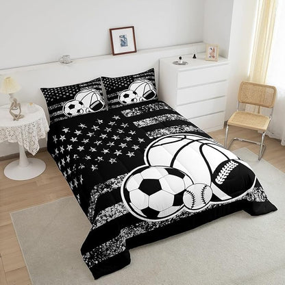 Feelyou Basketball Sports Comforter Set Queen Size Ball Game Comforter for Boys Girls Teens Football Bedding Set Baseball Duvet Set Room Decor Balck White Mixed Ball Quilt Set