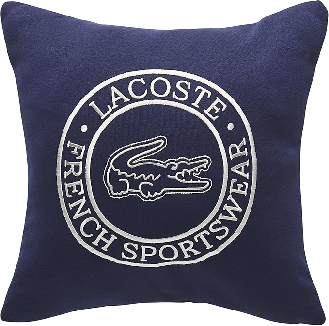 Lacoste Sportswear Decorative Pillow – 16" x 16" Square Throw Pillow for Bed Sofa Couch, Embroidered Crocodile Logo, Ultra Soft Sweatshirt Knit Cotton and Polyester Blend, Machine Washable, Navy