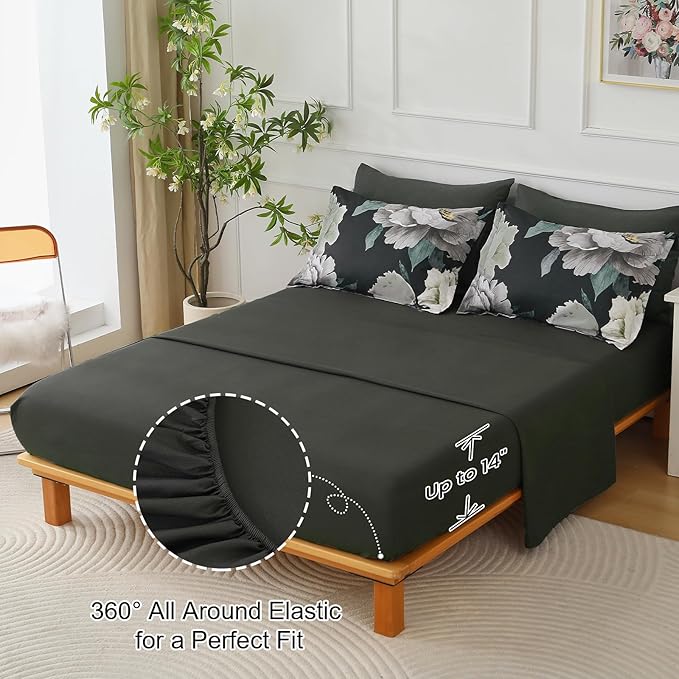 Dobuyly Black Comforter Set King Size 7 Piece Bed in a Bag, Floral Comforter Set with Sheets, Soft Microfiber Botanical Flower Bedding Set for All Season