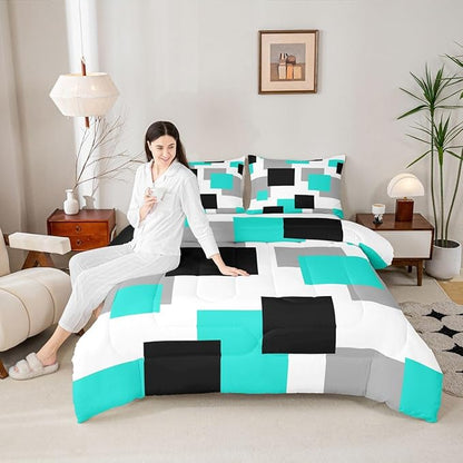 Castle Fairy Teal Grid Twin Size Comforter Set,Black Grey Geometric Duvet Set Soft Bed Collection,Modern Abstract Square Splicing Bedding Comforter for Boys Girls Bedroom,2 Pcs