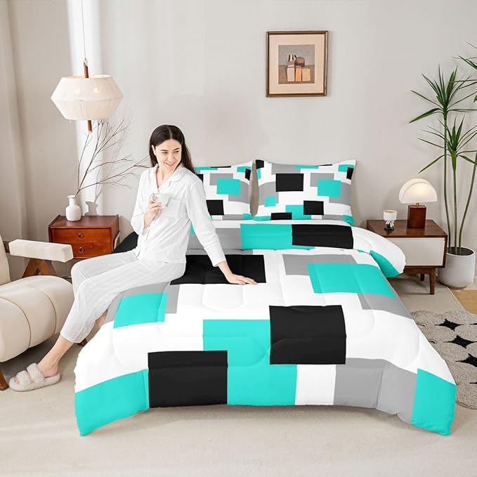 Castle Fairy Teal Grid Comforter Set Queen Size,Black Grey Geometric Down Alternative Adults Room Decor,Modern Abstract Square Splicing Ultra Soft Microfiber Inner Fill 3Pcs Bedding