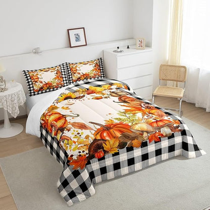 Thanksgiving Comforter Set Fall Pumpkin Mushrooms Bedding Comforter Sets Full Brown Buffalo Plaid Bed Comforter Set,Autumn Harvest Season Duvet Insert,Fall Decorations For Home Bedroom 2 Pillow Cases