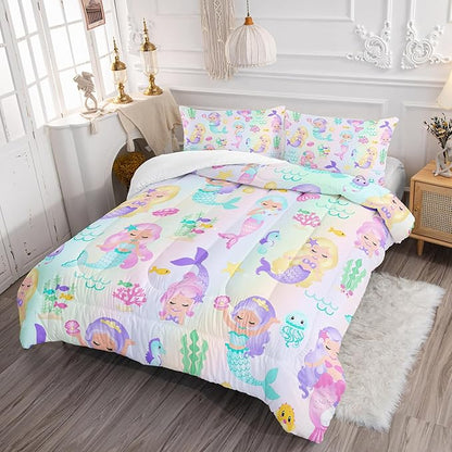 Rainbow Mermaid Comforter Set Twin/Full/Queen Size Fairy Tale Sea Shell Grass Bedding Set Starfish Jellyfish Quilt Bed Set for Kid Girls with 1 Comforter and 2 Pillowcases