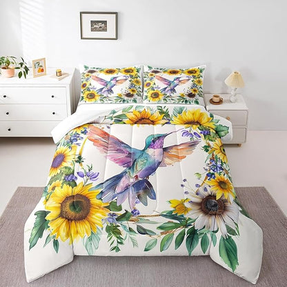 Erosebridal Girls Hummingbird King Bedding Set Rustic Sunflower Comforter Set for Kids Women Garden Watercolor Bird Flowers Quilt Comforter Farmhouse Botanical Leaves Floral Bed Set 2 Pillow Cases