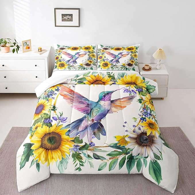 Erosebridal Girls Hummingbird Twin Bedding Set Rustic Sunflower Comforter Set for Kids Women Garden Watercolor Bird Flowers Quilt Comforter Farmhouse Botanical Leaves Floral Bed Set 1 Pillow Case