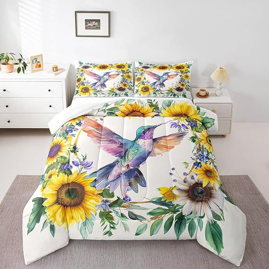 Erosebridal Girls Hummingbird Twin Bedding Set Rustic Sunflower Comforter Set for Kids Women Garden Watercolor Bird Flowers Quilt Comforter Farmhouse Botanical Leaves Floral Bed Set 1 Pillow Case