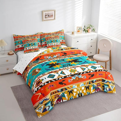 Aztec Bed in a Bag King Size Comforter Set 7 Pieces,Vintage Geometric Bedding Sets Exotic Nordic Western Sheet Set with Comforter