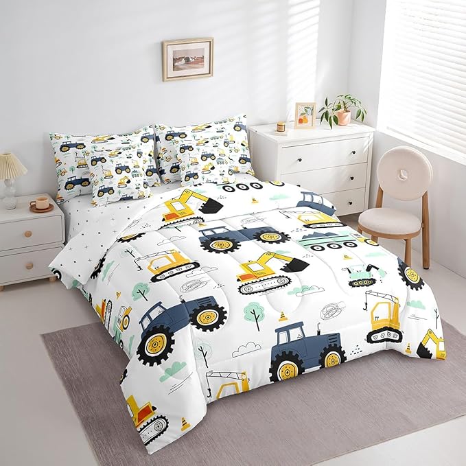 Erosebridal Cartoon Car Kids 7 Pcs Comforter Set King,Kids Construction Vehicles Bed in a Bag for Boys Girls Teens,Tractor Machinery Trucks Bedding Set,Excavator Construction Site Cars Fitted Sheet