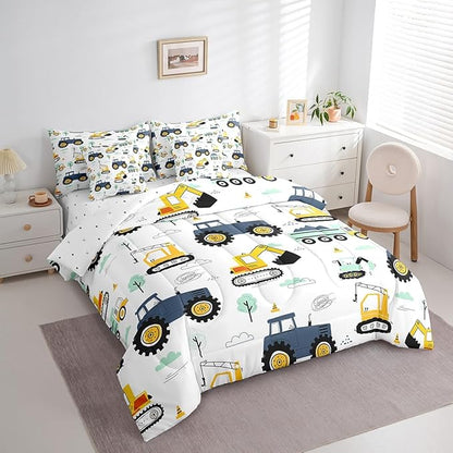 Erosebridal Cartoon Car Kids 7 Pcs Comforter Set Twin,Kids Construction Vehicles Bed in a Bag for Boys Girls Teens,Tractor Machinery Trucks Bedding Set,Excavator Construction Site Cars Fitted Sheet