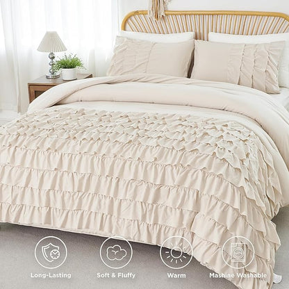 PERFEMET Full Comforter Set 3 Pieces Beige Ruffled Comforter Set Shabby Chic Bedding Sets for Women Teen Girls Fluffy for All Season