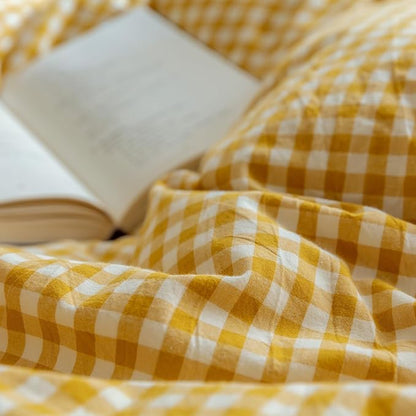 mixinni Yellow Gingham Comforter Set King, Plaid Comforter Set 3 Pieces 1 Yellow Grid Comfoter with 2 Pillow Cases for All Seasons, Soft Fluffy Modern Grid Pattern Printed Bedding-King Size