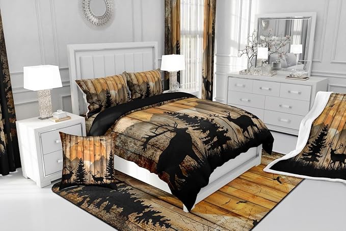 Feelyou Western Rustic Bear Comforter Set, Wooden Farmhouse Bedding Full, Hunting Wild Animal Quilt Forest Animal Wildlife Hunting Bedding Comforter Sets Kids Boys Teens Adult Men Bedroom Decor
