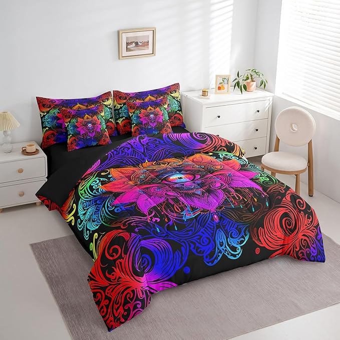 Mysterious Oriental Bed in a Bag 7pcs Bohemian Lotus Bedding Set, Hippie Mandala Twin Size Comforter Set Teal Blue Paisley Bedding Comforter Sets, Tribal Feather Bed Set Hamsa Fatima Eye Decoratives