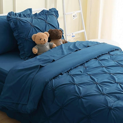 JOLLYVOGUE Teal Twin Size Comforter Sets 5 Pieces, Pintuck Bed in a Bag Comforter Set for Bedroom, Bedding Comforter Sets with Comforter, Sheets,Ruffled Shams & Pillowcases