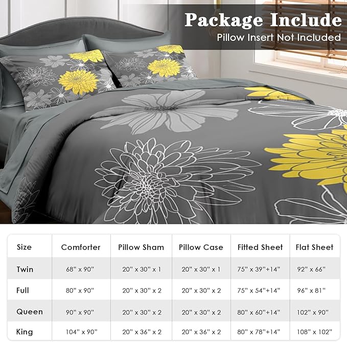 Comforter Set Full Size, Vintage Summer Flower 7 Pcs Bedding for Kids and Adults, Yellow Botanical Floral Bed Sheet Sets with Fitted Sheet 2 Pillowcases & 2 Shams