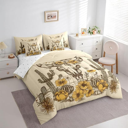 Erosebridal Flower Bull Skull 7 Piece Comforter Set Queen | Brown Symbol Tribal Bed in A Bag Tropical Bed Set Ethnic Bohemian Sheet Set Reversible Antique Aztec Fitted Sheet Breathable Lightweight