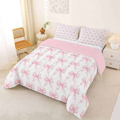 Feelyou Pink Bow Comforter Set King Size, Pink Bow Bedding Set for Girls, Coquette Bowknot Girls Comforter for Kids, Kawaii Dreamy Princess Style Room Decor, 2 Pillowcases