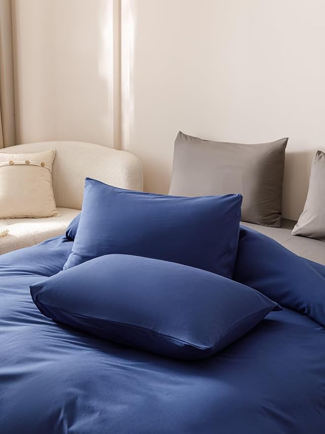Houseri Royal Blue Comforter Set King Neutral Navy Bedding Men Women Japanese Style Solid Blue Vintage Farmhouse Bed Sets King Size