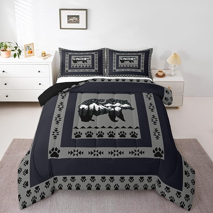 Feelyou Western Rustic Bear Comforter Set King Size, Moon Bear Quilt Set with 2 Pillowcases, Wild Animal Hunting Theme Bedding Set 3 Pcs Kids Boys Teens Room Decor, Rustic Cabin Country Duvet Insert