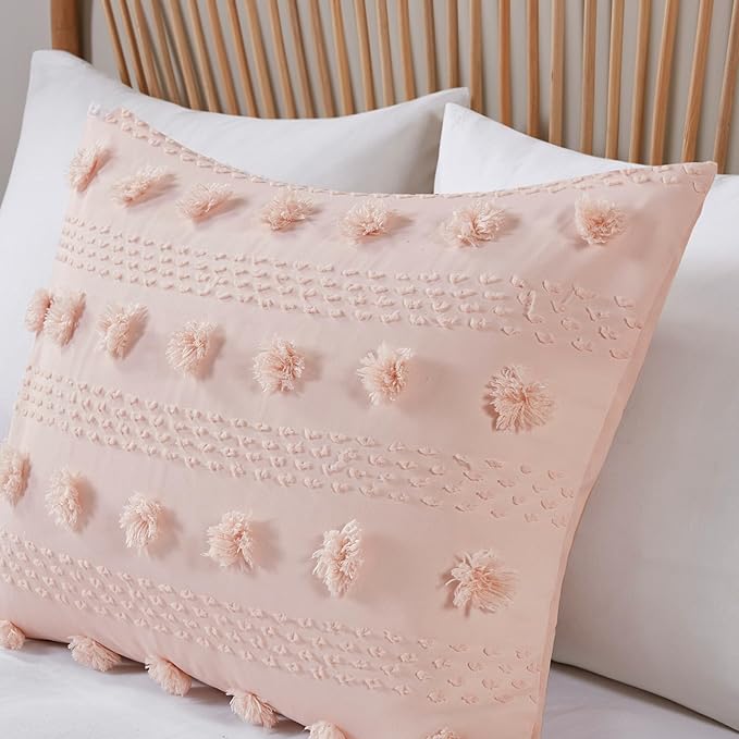 Intelligent Design King Comforter Set, Clipped Jacquard Comforter Set Chic Pompoms Accent, All Seasons Lightweight & Fluffy Comforter Bed Set with 2 Shams, Lucy, King/Cal King Pink 3 Piece