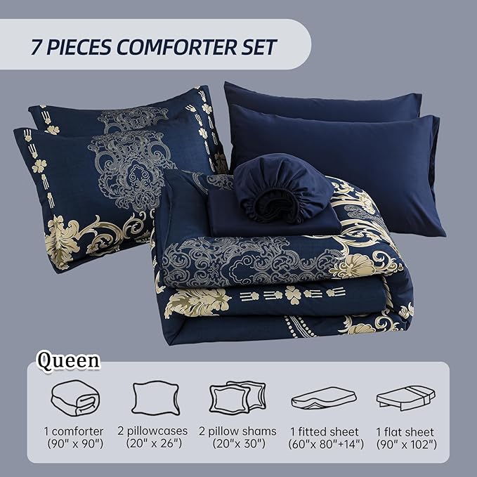 Mybedsoul Blue Gold Queen Comforter Set, 7 Pieces Boho Bed in a Bag for Queen Bed, Damask Comforter with Sheets Pillowcases, Soft Microfiber Lightweight Bedding Sets for All Season(90"x90")