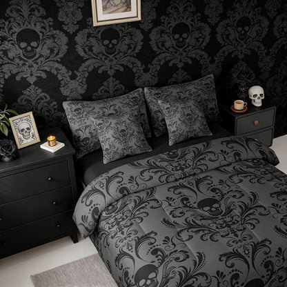 Erosebridal Gothic Damask Bed in a Bag King Size Comforter Set 7 Pieces,Sugar Skull Bedding Sets Black Grey Victorian Floral Goth Sheet Set with Comforter