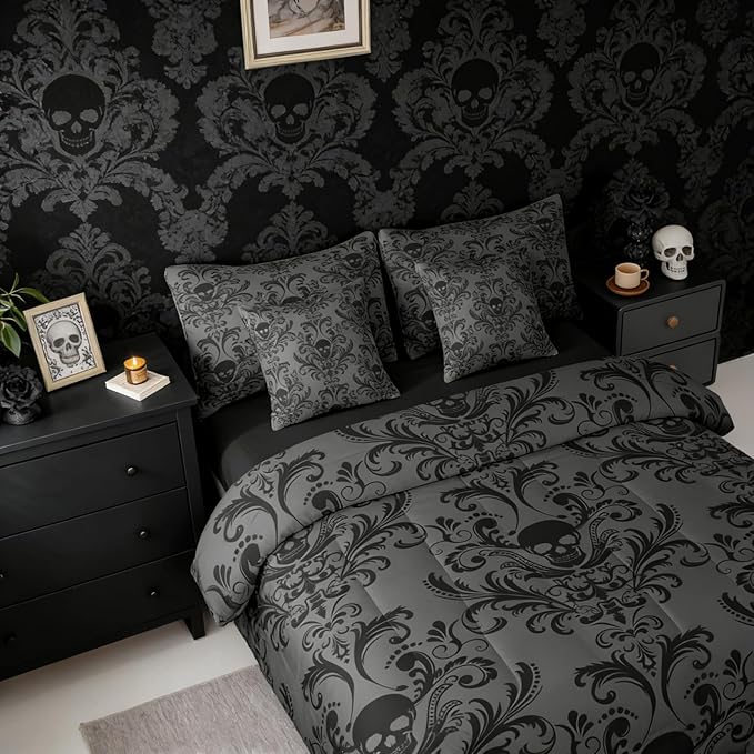 Erosebridal Gothic Damask Bed in a Bag Queen Comforter Set 7 Piece,Sugar Skull Bedding Sets Black Grey Victorian Floral Goth Sheet Set with Comforter