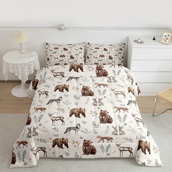 Erosebridal Woodland Animals Comforter Set Queen Size Bear Deer Hunting Theme Bedding Set for Kids Child Bedroom | Cartoon Rabbit Wolf Fox Wildlife Duvet Insert Rustic Cabin Lodge Decor Quilt