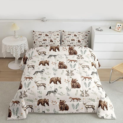 Erosebridal Woodland Animals Comforter Set Queen Size Bear Deer Hunting Theme Bedding Set for Kids Child Bedroom | Cartoon Rabbit Wolf Fox Wildlife Duvet Insert Rustic Cabin Lodge Decor Quilt