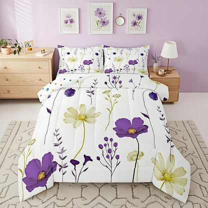 Erosebridal Watercolor Floral Comforter Set Queen Size, Purple Yellow Flower Bedding Set for Teens Adult Women Bedroom, Modern Minimalist White Down Comforter Pastoral Branches Aesthetic Quilt