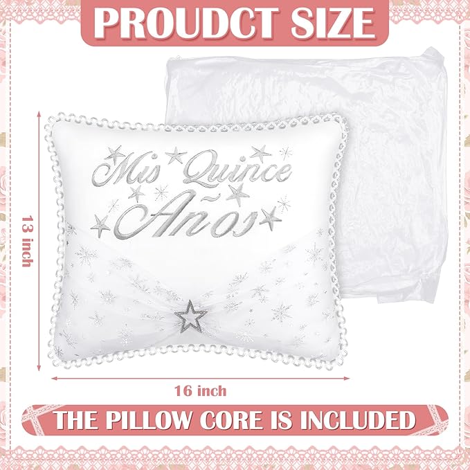 Quinceañera Pillow 13 x 16 Inches White 15th Birthday Lace Pillows with Pillowcase Quinceanera Gift Decoration for Girls Chairs Sofas Ceremony Souvenir