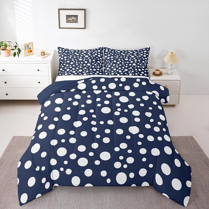 Manfei White Polka Dots Comforter Set King Size 3 Pcs,French Style Cute Dots Print Bedding Set,Geometric Circles Navy White Simple Quilt Set for Adults Bedroom,2 Pillowcases