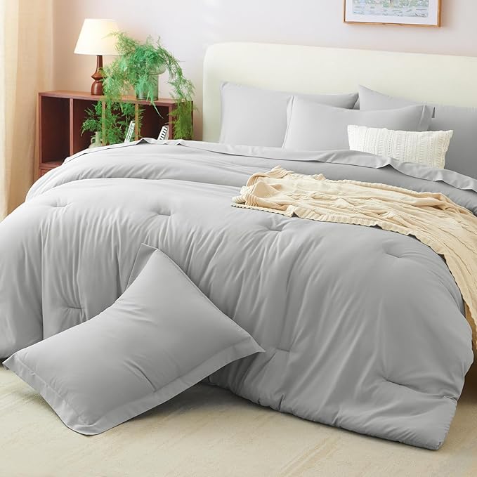 CozyLux King Size Comforter Set Light Grey, 7 Pieces Bed in a Bag King Comforter Set with Sheets, Bedding Set with Down Alternative Comforter, Fitted Sheet, Flat Sheet, Pillow Shams and Pillowcases