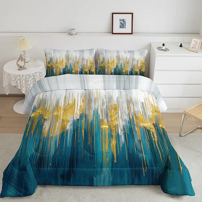 Lake Blue White Golden Gradient Print Comforter Set Queen Size,Abstract Art Bedding Set,Patchwork Printed Quilted Set for Teens Adult,with 1 Comforter and 2 Pillow Case