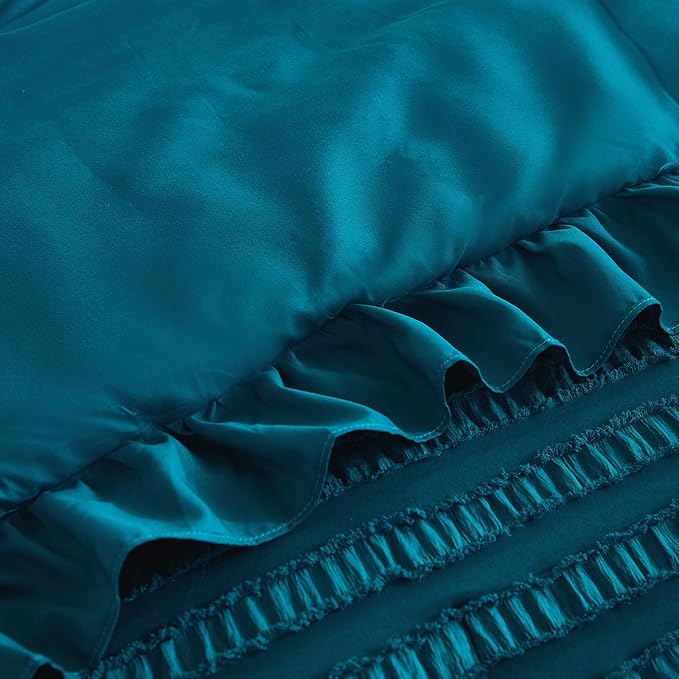 WONGS BEDDING Teal Comforter Set King,3 Pieces Ruffle Farmhouse Shabby Chic Comforter for King Bed,Soft Textured Boho Bedding Set with 1 Ruffle Comforter,2 Tufted Pillowcases 104"×90"