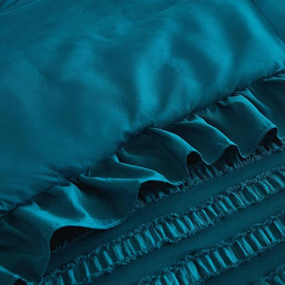 WONGS BEDDING Teal Comforter Set King,3 Pieces Ruffle Farmhouse Shabby Chic Comforter for King Bed,Soft Textured Boho Bedding Set with 1 Ruffle Comforter,2 Tufted Pillowcases 104"×90"