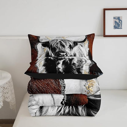 Erosebridal Highland Cow Comforter Set Bull Cattle Bedding Set,Gold Grey Marble Quilted Comforter for Kids Boys Men Wildlife Farmhouse Cow Fur Down Comforter Soft All Season Comforter Set Twin Size