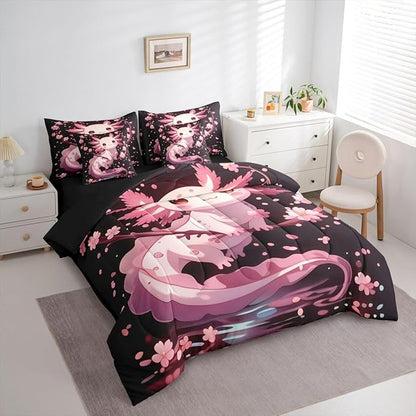 Erosebridal Axolotl Bed in A Bag Full | Cherry Blossom Japanese 7 Piece Comforter Set Wildlife Pet Animal Pink Salamander Sheet Set Reversible Underwater World Fitted Sheet Breathable Lightweight