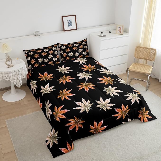 Erosebridal Orange Leaves Comforter Set Toddler, Leaves Bedding for Kids Teens Adult,Tropical Botanical Down Comforter,Exotic Plant Bedding Comforter Sets,Soft Cozy